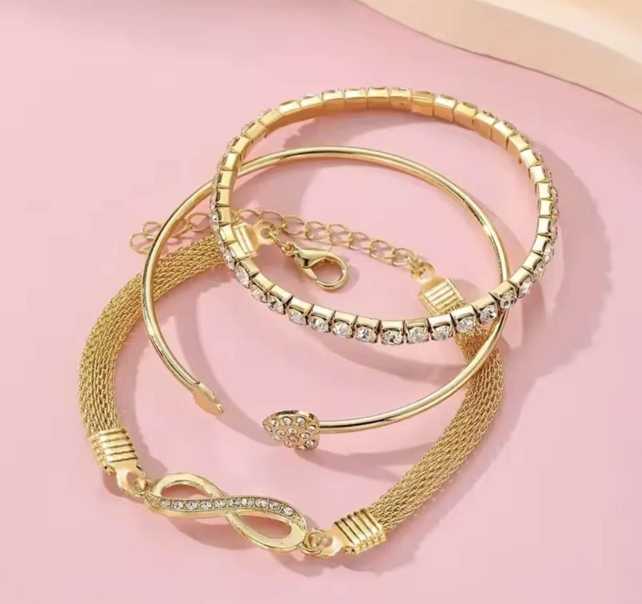 3Pcs Set Vintage Crystal Rhinestone Heart Bracelets