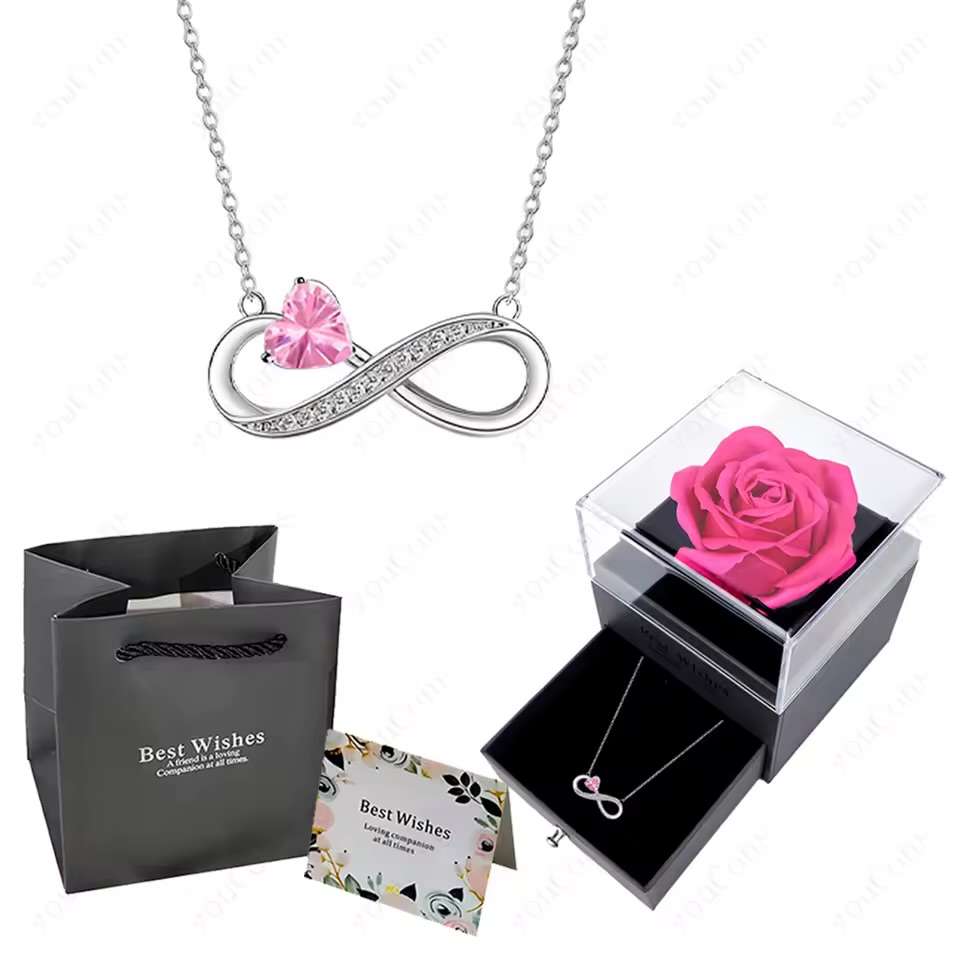 Luxury Pink Heart Pendant Necklaces With Rose Flower Gift Box