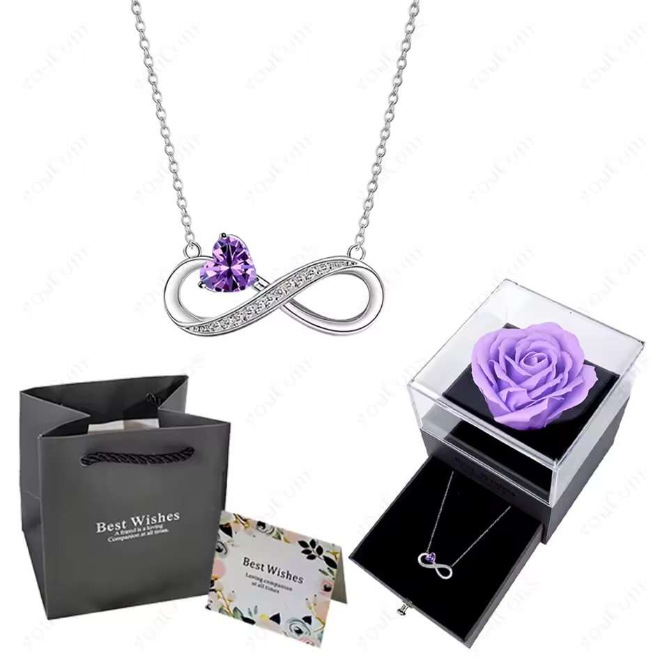 Luxury Pink Heart Pendant Necklaces With Rose Flower Gift Box