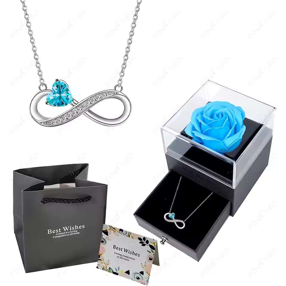 Luxury Pink Heart Pendant Necklaces With Rose Flower Gift Box