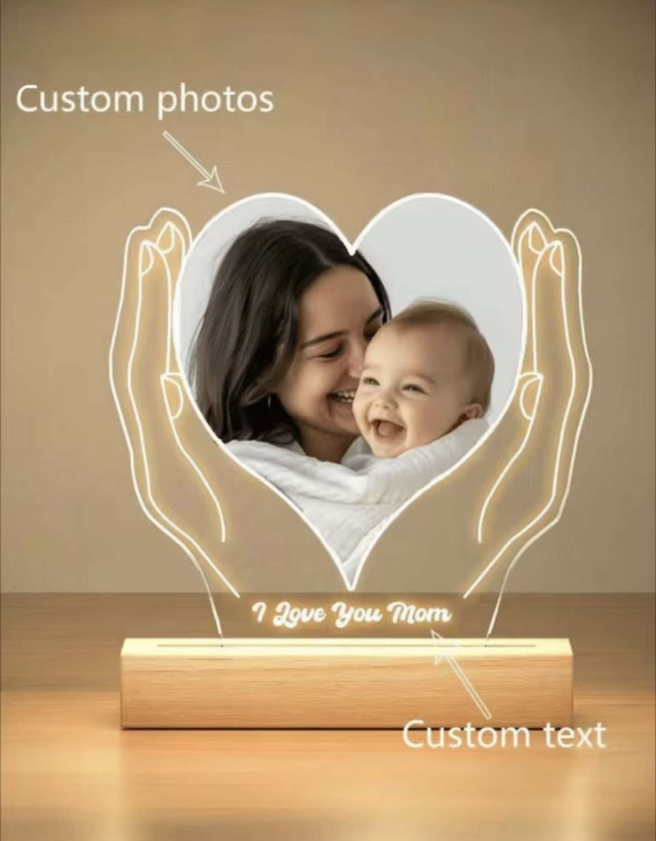 Personalized photo LED night light acrylic heart plaque wooden frame night light, baby ultrasound im