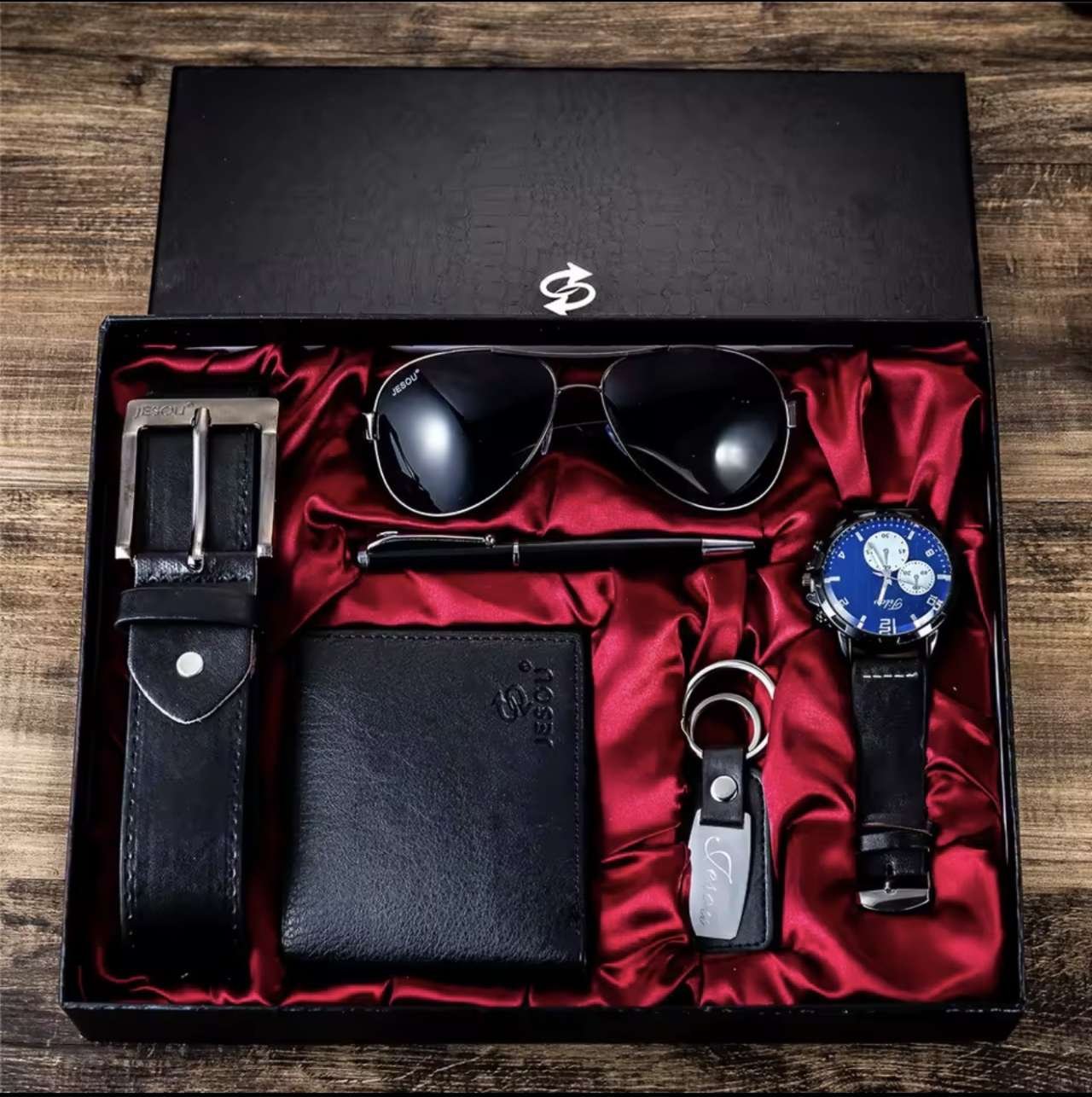 Gift Business Luxury Company Mens Set 6 in 1 Watch Glasses Pen Keychain Belt Purse Welcome Holiday B