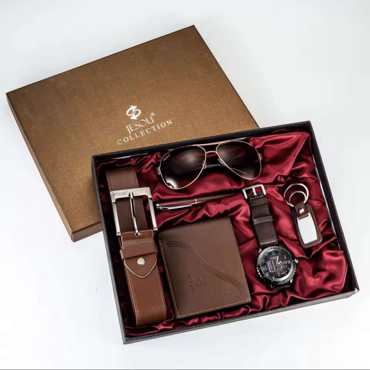 Gift Business Luxury Company Mens Set 6 in 1 Watch Glasses Pen Keychain Belt Purse Welcome Holiday B