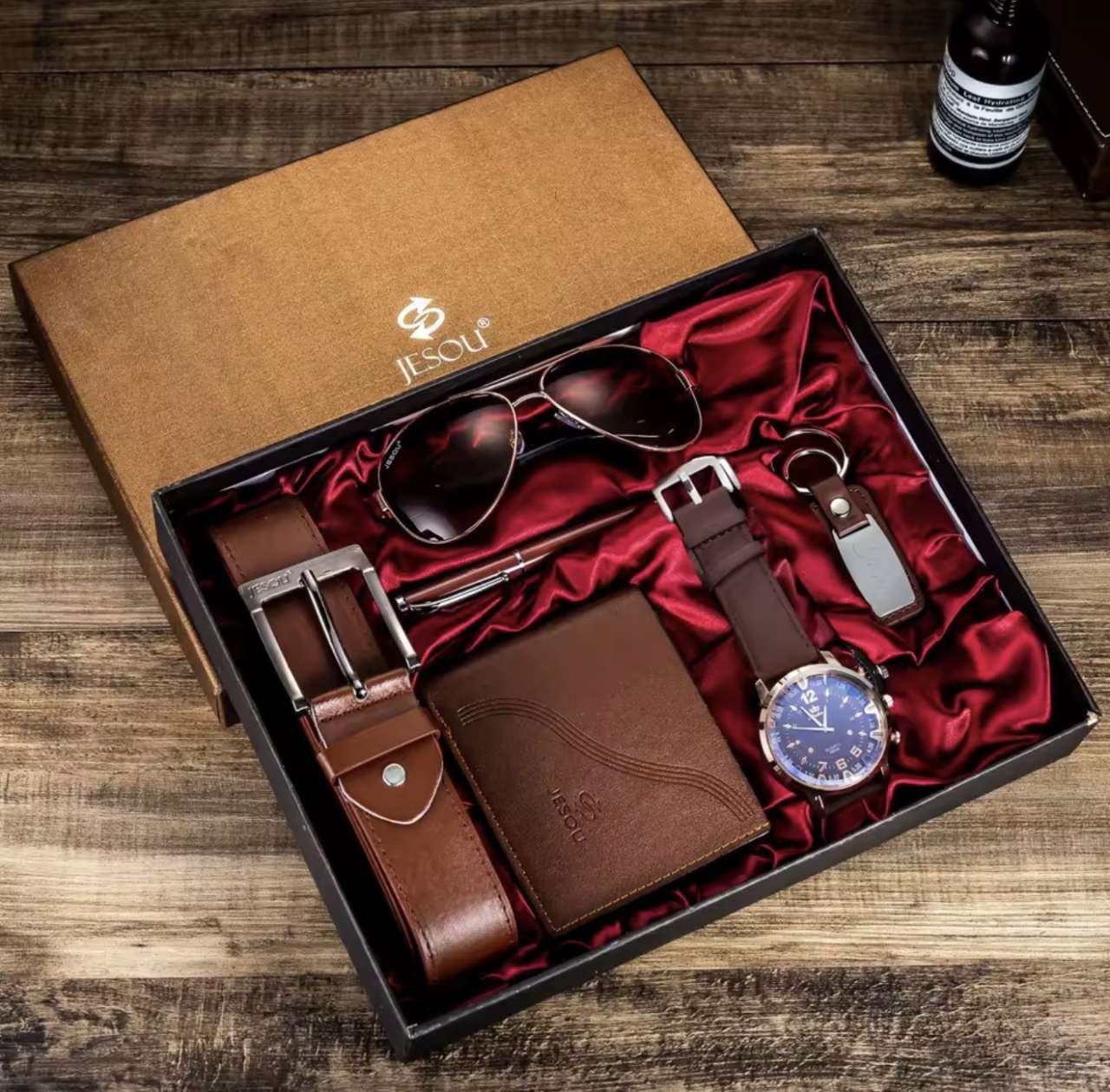 Gift Business Luxury Company Mens Set 6 in 1 Watch Glasses Pen Keychain Belt Purse Welcome Holiday B