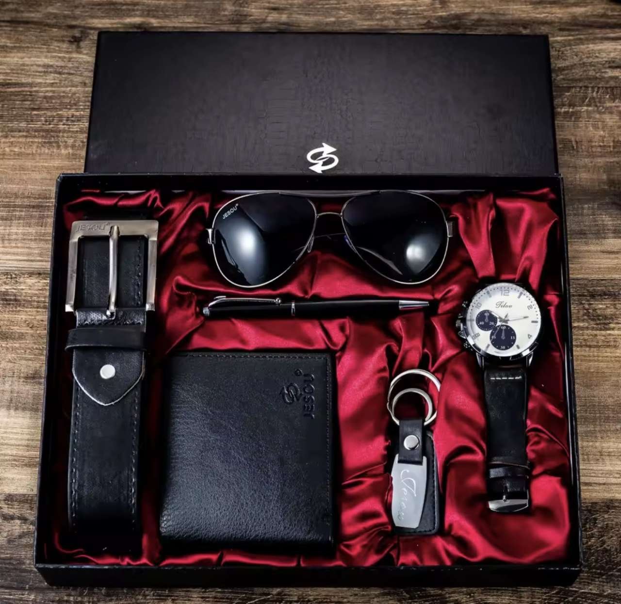 Gift Business Luxury Company Mens Set 6 in 1 Watch Glasses Pen Keychain Belt Purse Welcome Holiday B