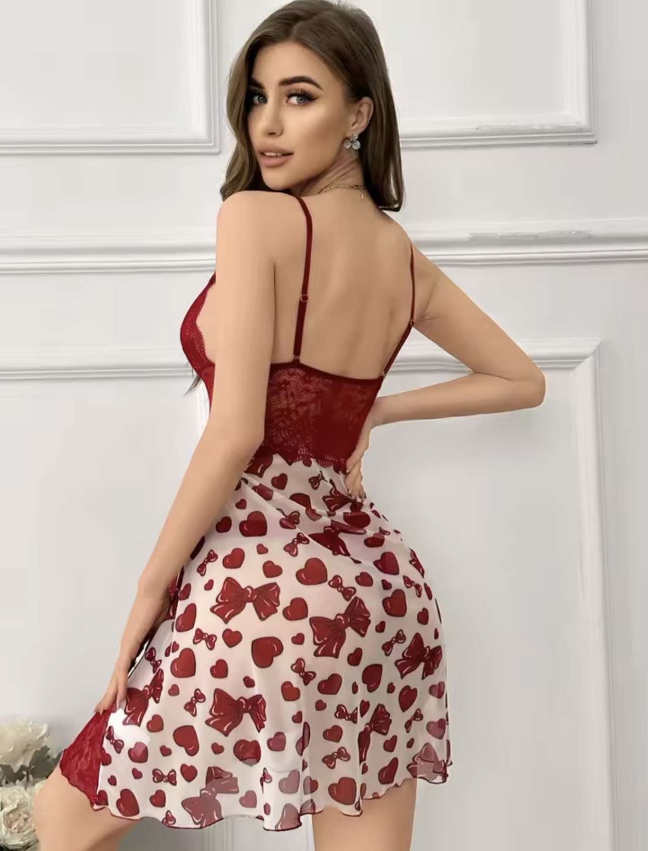 Lace stitching heart bow print mesh semi-perspective ladies suspender nightdress