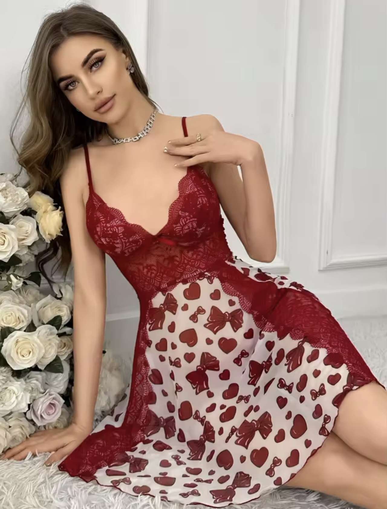 Lace stitching heart bow print mesh semi-perspective ladies suspender nightdress
