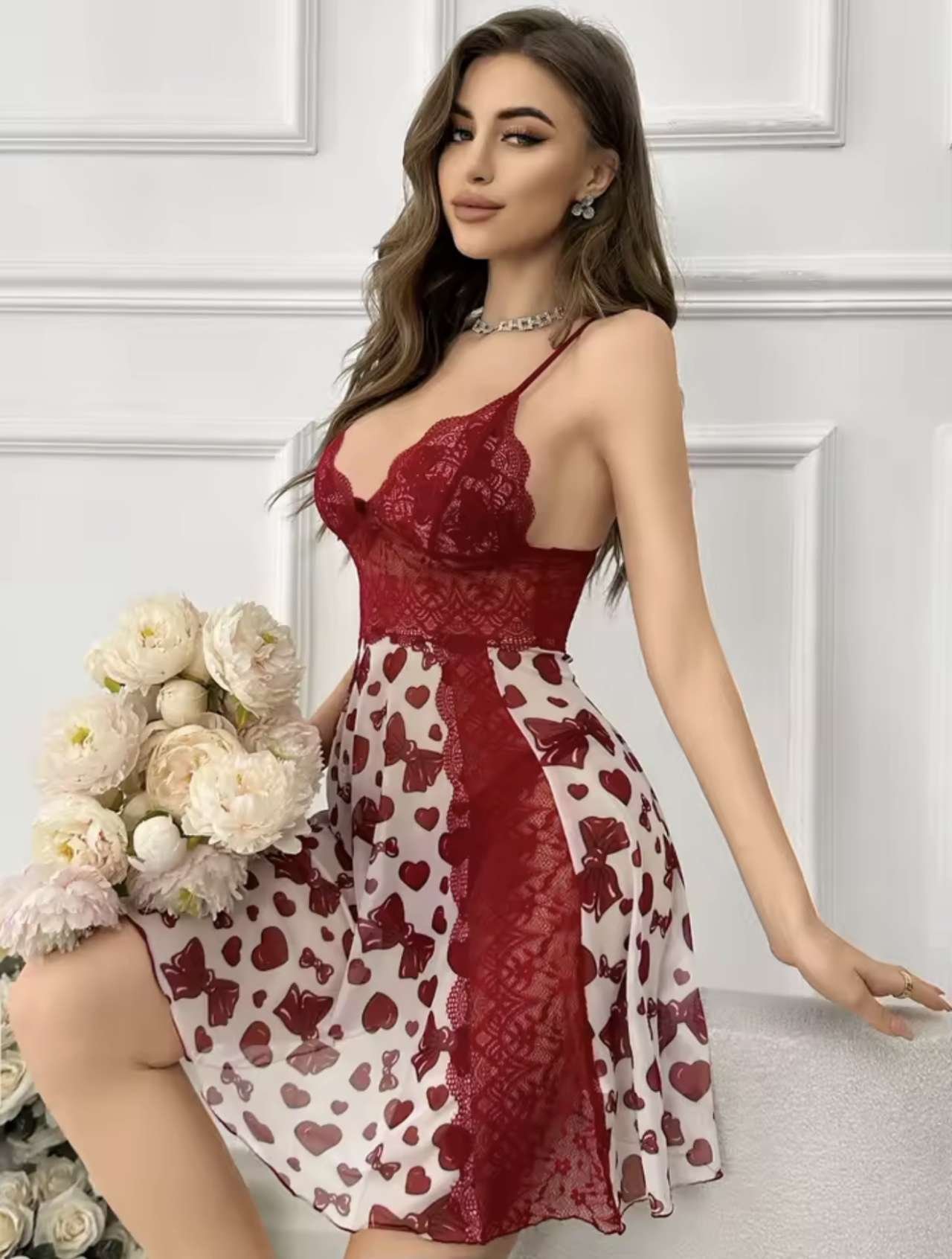Lace stitching heart bow print mesh semi-perspective ladies suspender nightdress