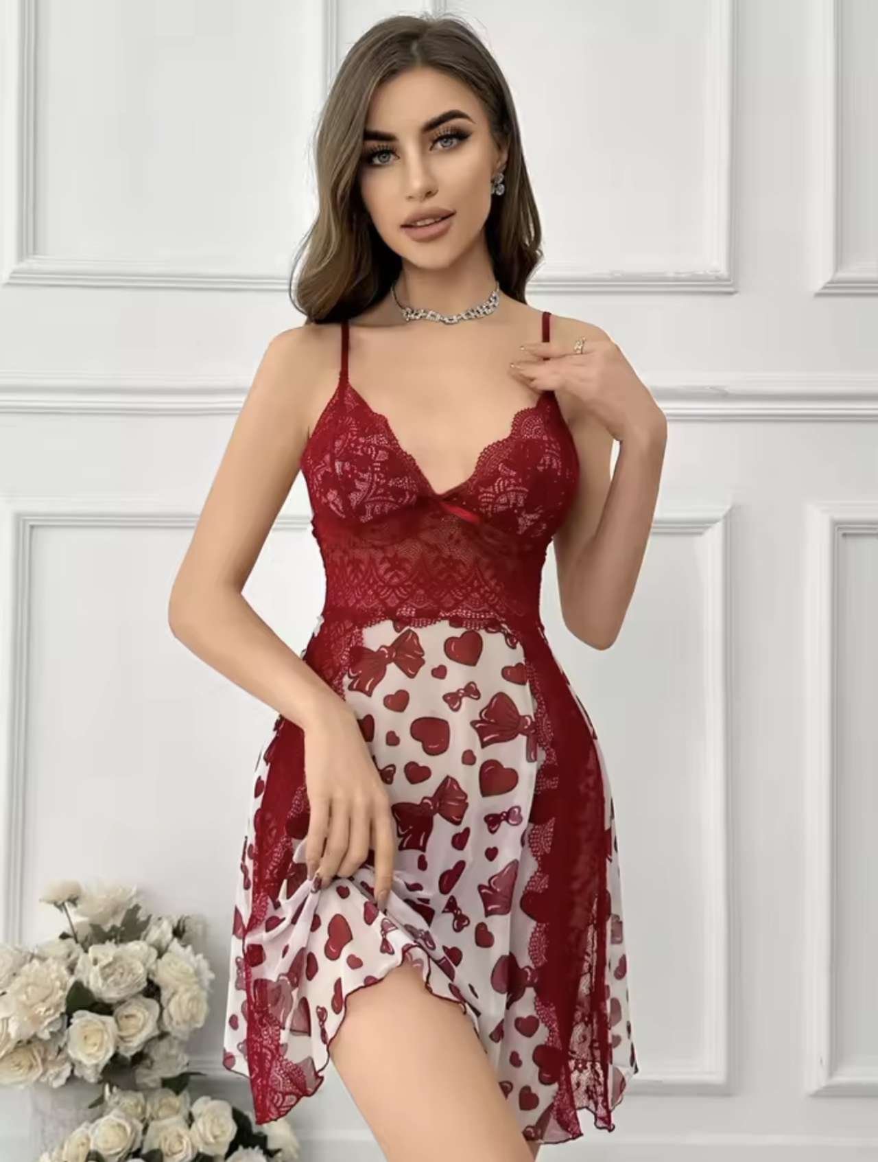 Lace stitching heart bow print mesh semi-perspective ladies suspender nightdress