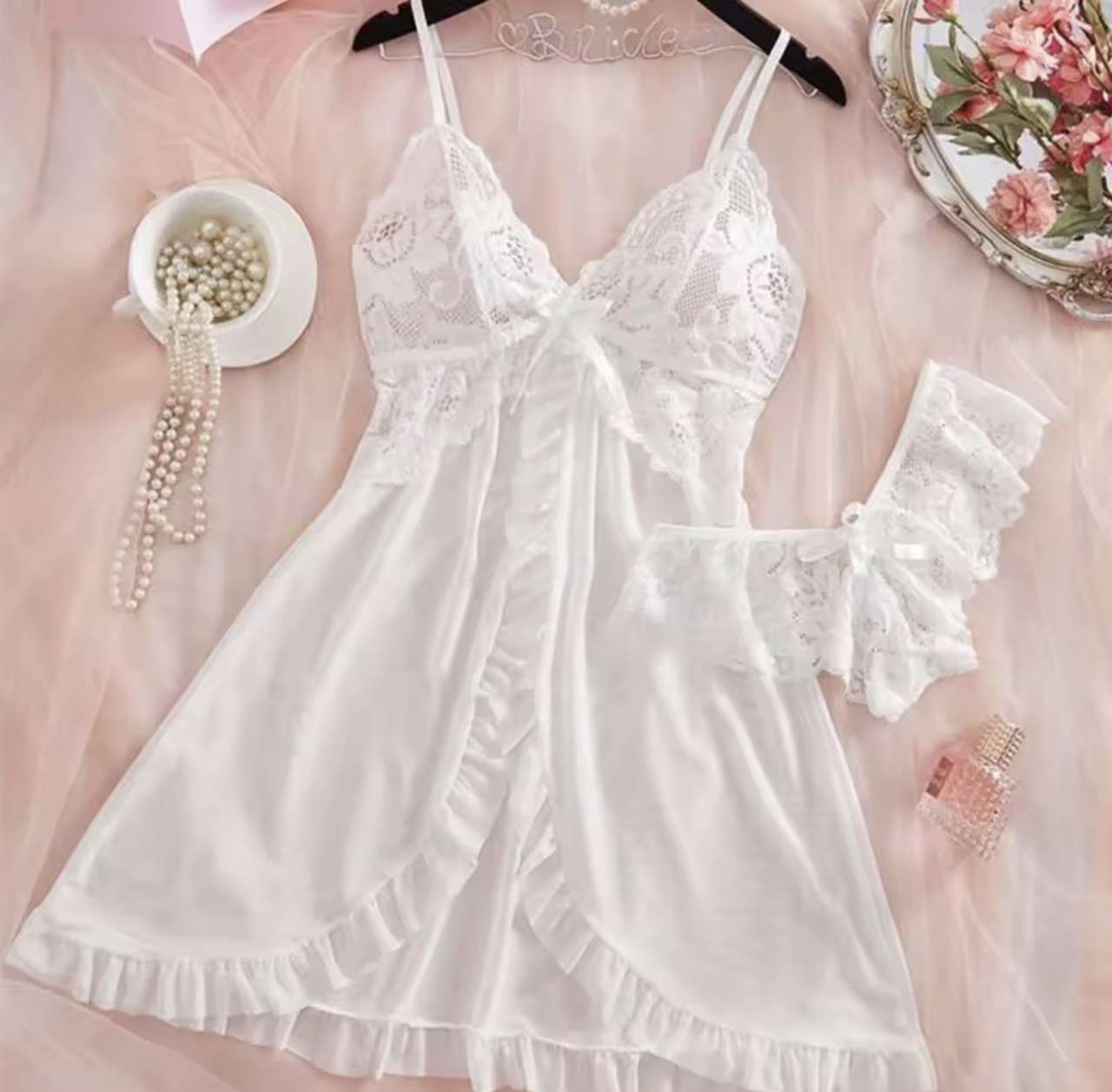 A Set Pink Cute Women Sweet Nightdress And Panty Pijamas Suit Sleeveless Halter Nightgown Short Sets