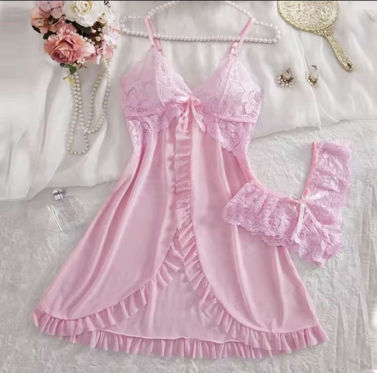 A Set Pink Cute Women Sweet Nightdress And Panty Pijamas Suit Sleeveless Halter Nightgown Short Sets
