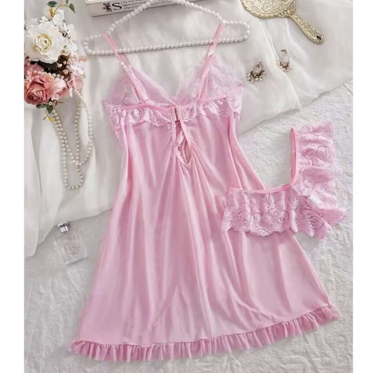A Set Pink Cute Women Sweet Nightdress And Panty Pijamas Suit Sleeveless Halter Nightgown Short Sets