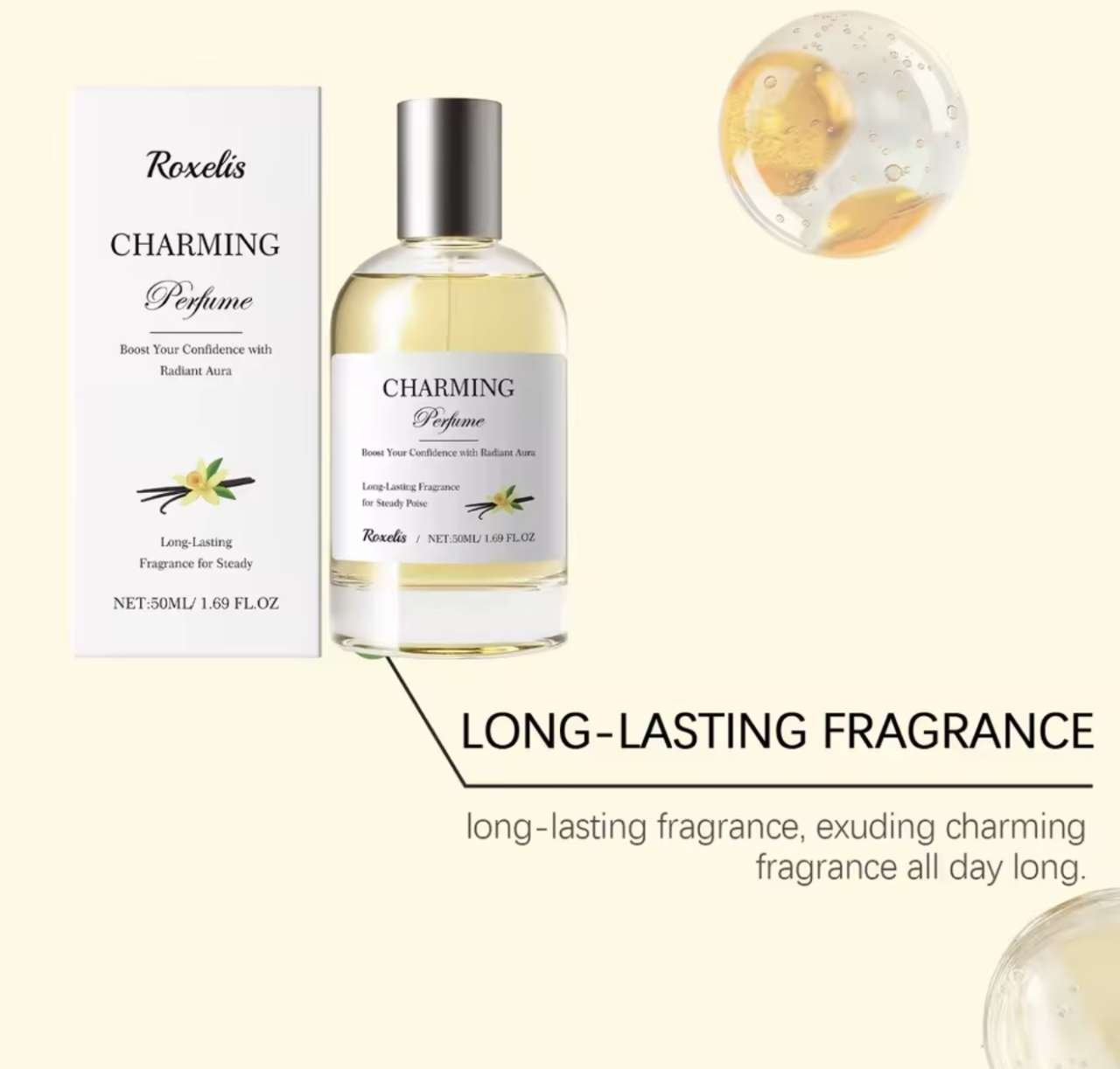 Roxelis 50ml Amber Vanilla Perfume Spray for Women - Long Lasting Fresh Fragrance, Light Elegant Dai