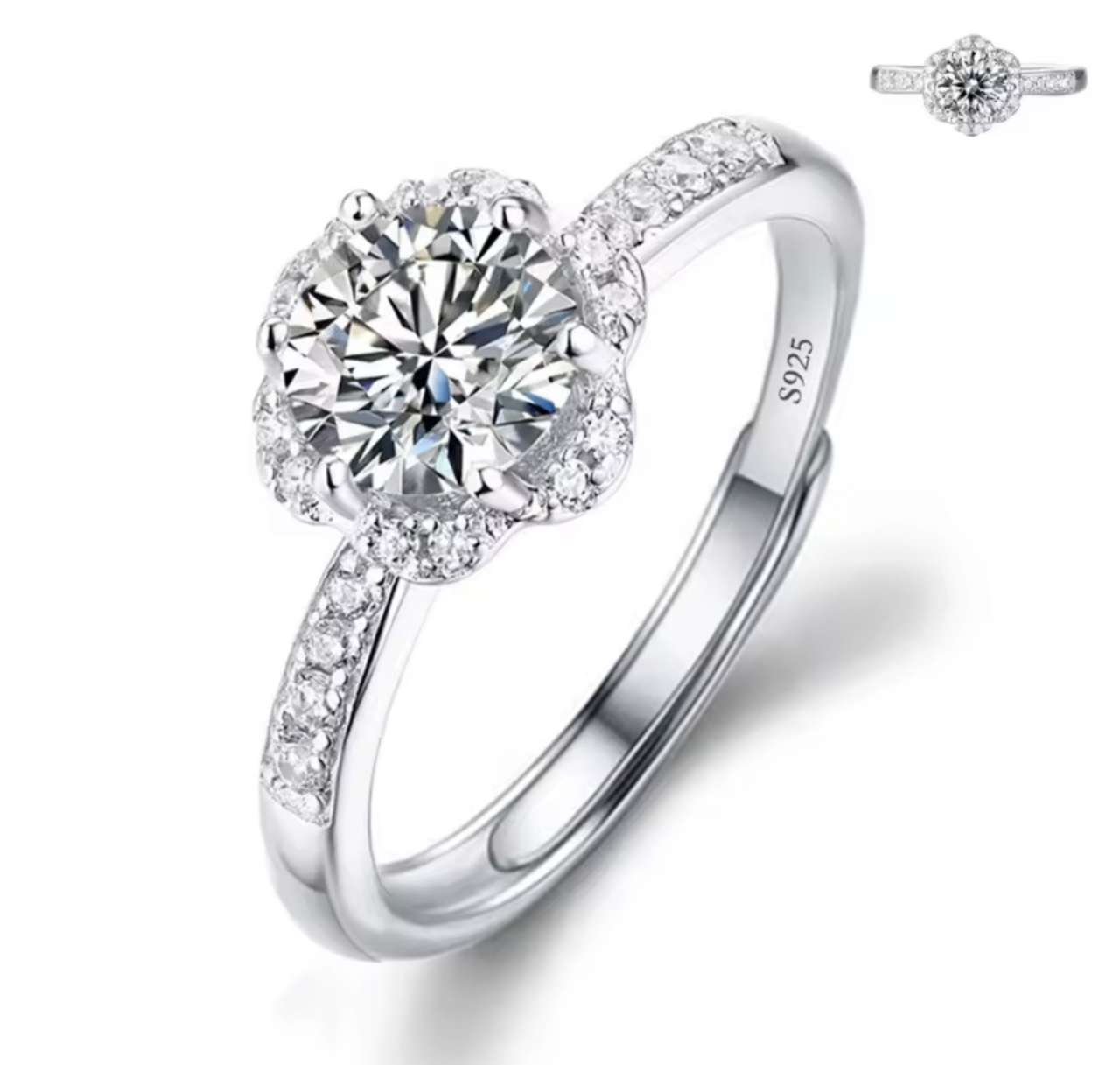 Moissanite Engagement Finger Rings Inlaid Diamond Open Ring For Women 925 Silver Promise Wedding Adj