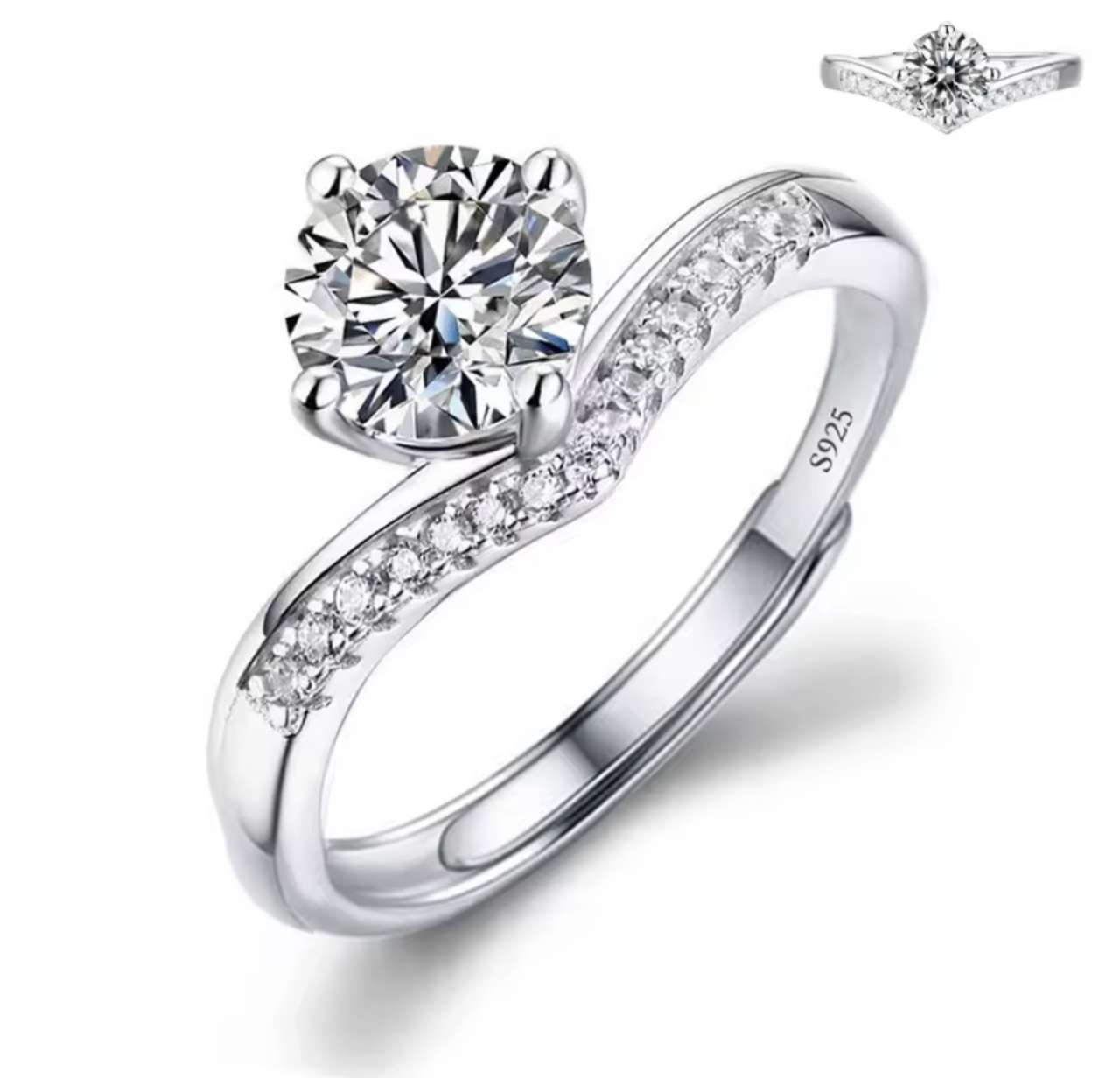 Moissanite Engagement Finger Rings Inlaid Diamond Open Ring For Women 925 Silver Promise Wedding Adj