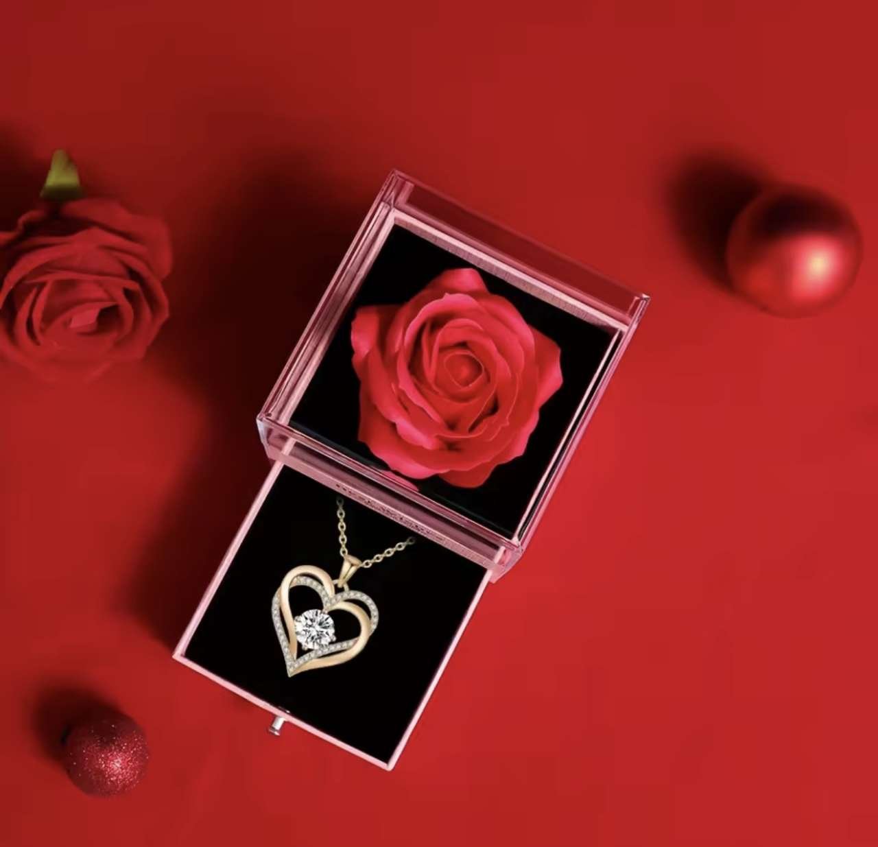 Red Pendant Necklace with Rose Flower Gift Box, for Girlfriend, Romantic Anniversary Party Birthday 