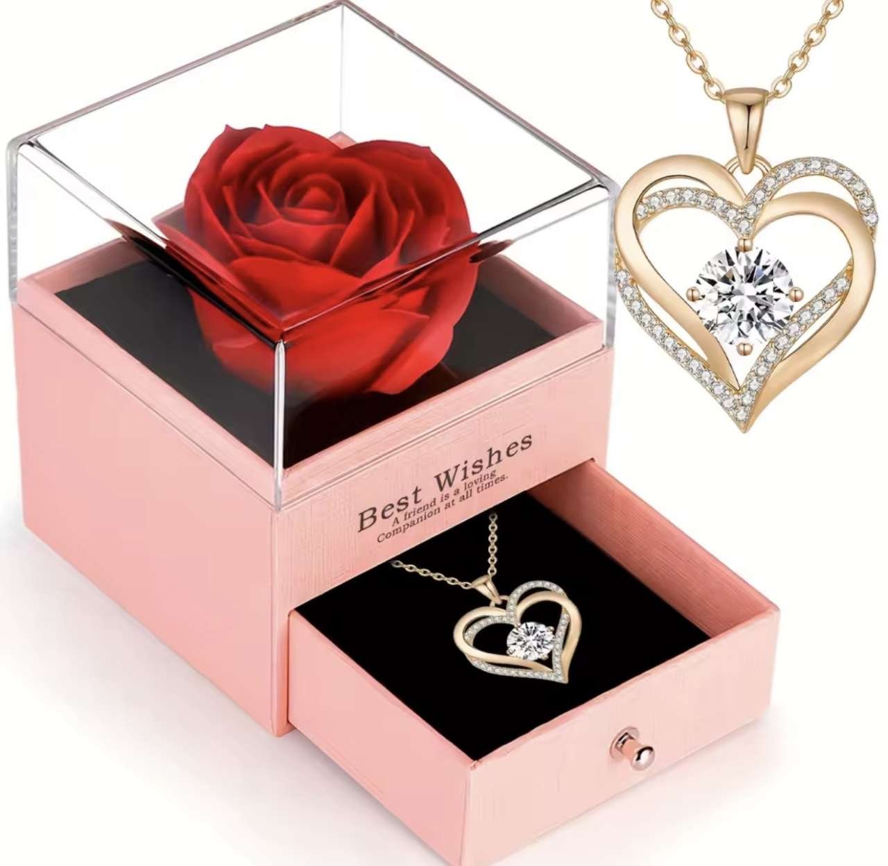 Red Pendant Necklace with Rose Flower Gift Box, for Girlfriend, Romantic Anniversary Party Birthday 