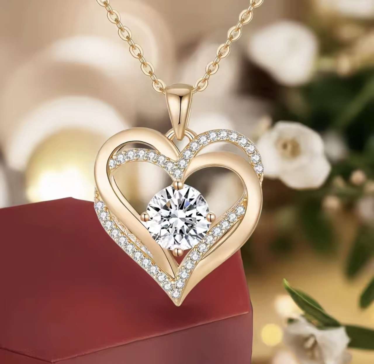 Red Pendant Necklace with Rose Flower Gift Box, for Girlfriend, Romantic Anniversary Party Birthday 