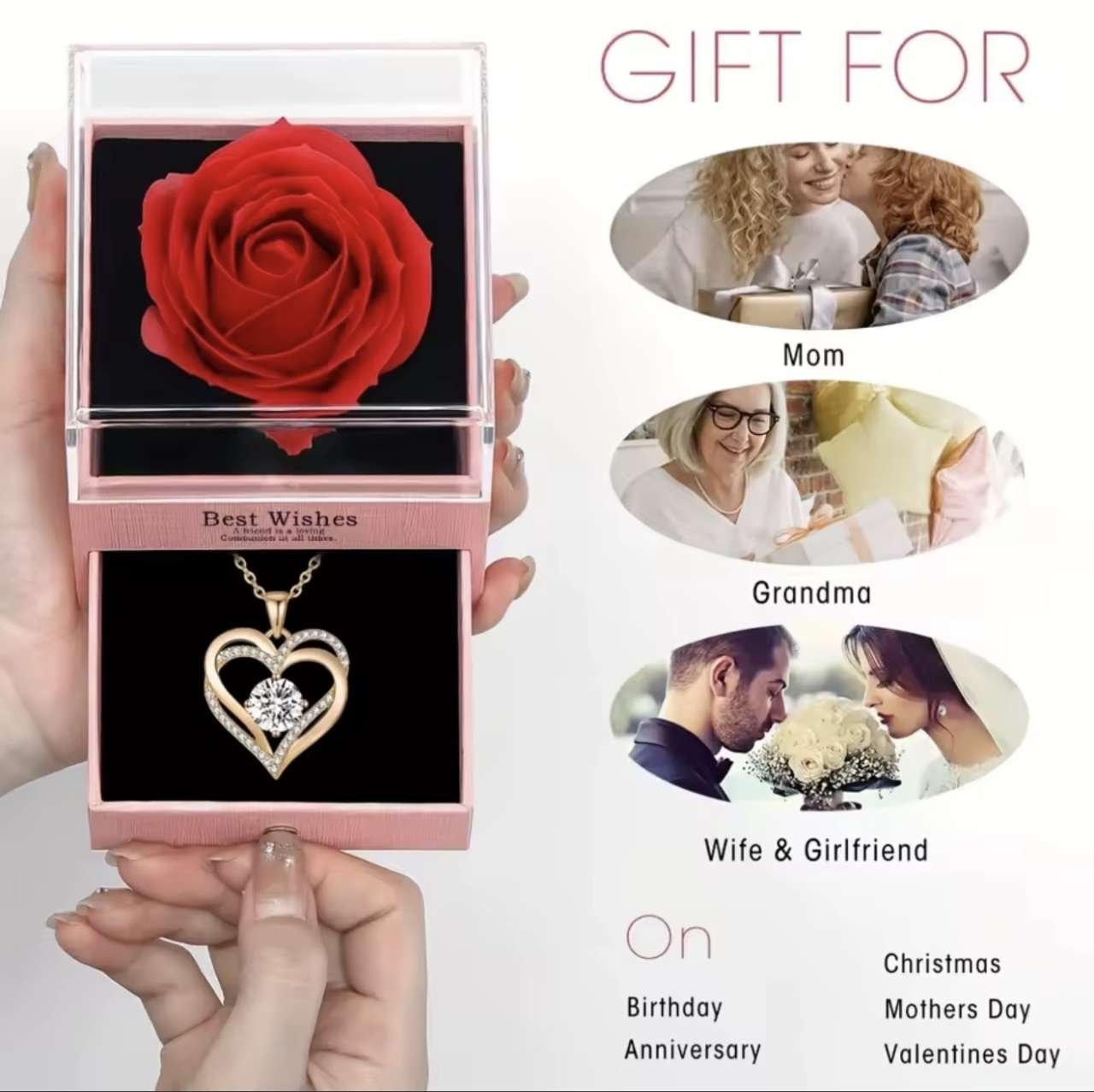 Red Pendant Necklace with Rose Flower Gift Box, for Girlfriend, Romantic Anniversary Party Birthday 