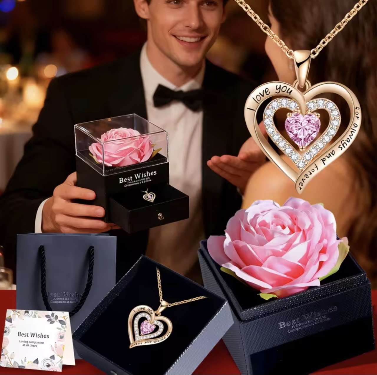 Red Pendant Necklace with Rose Flower Gift Box, for Girlfriend, Romantic Anniversary Party Birthday 