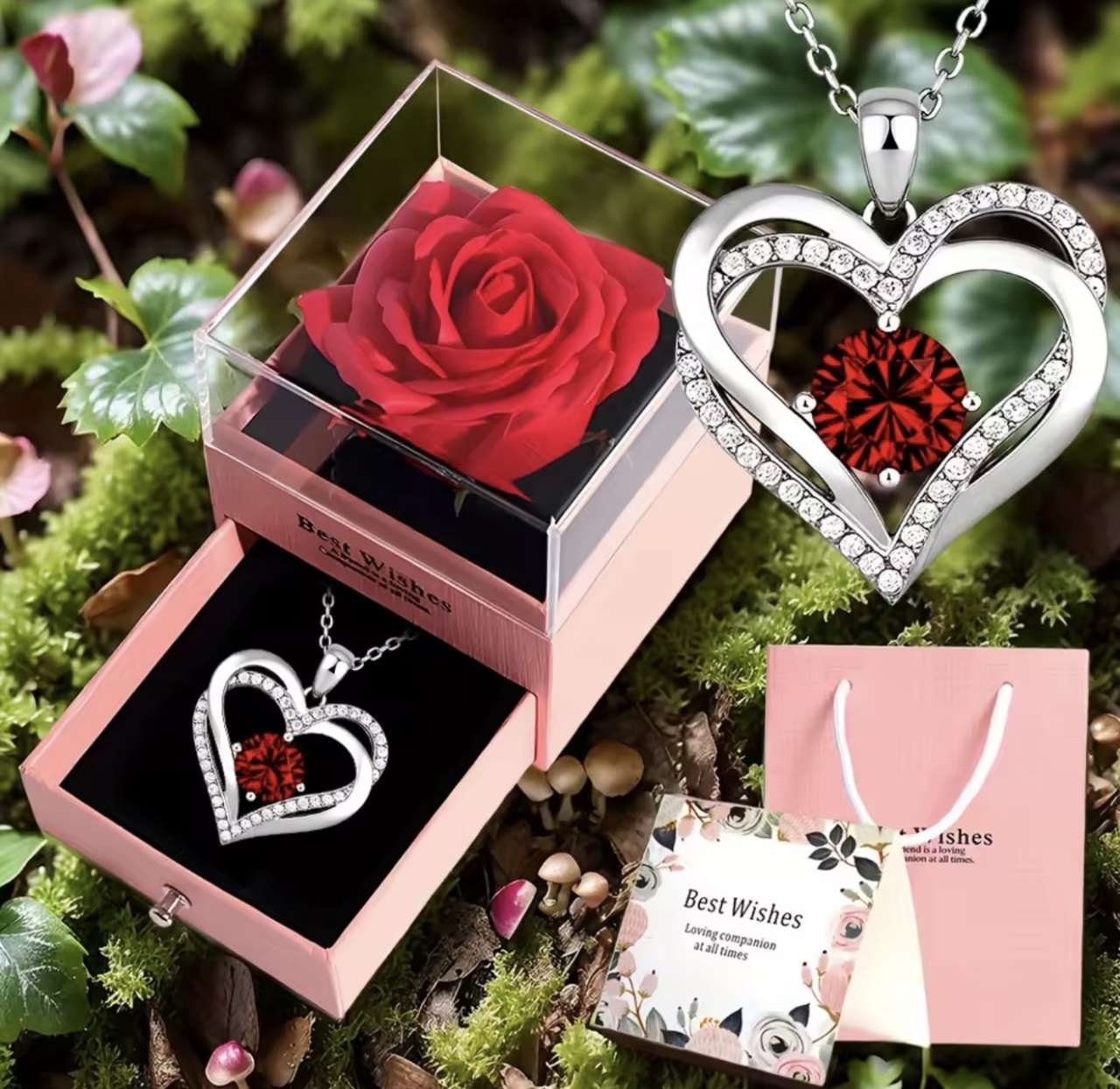 Red Pendant Necklace with Rose Flower Gift Box, for Girlfriend, Romantic Anniversary Party Birthday 