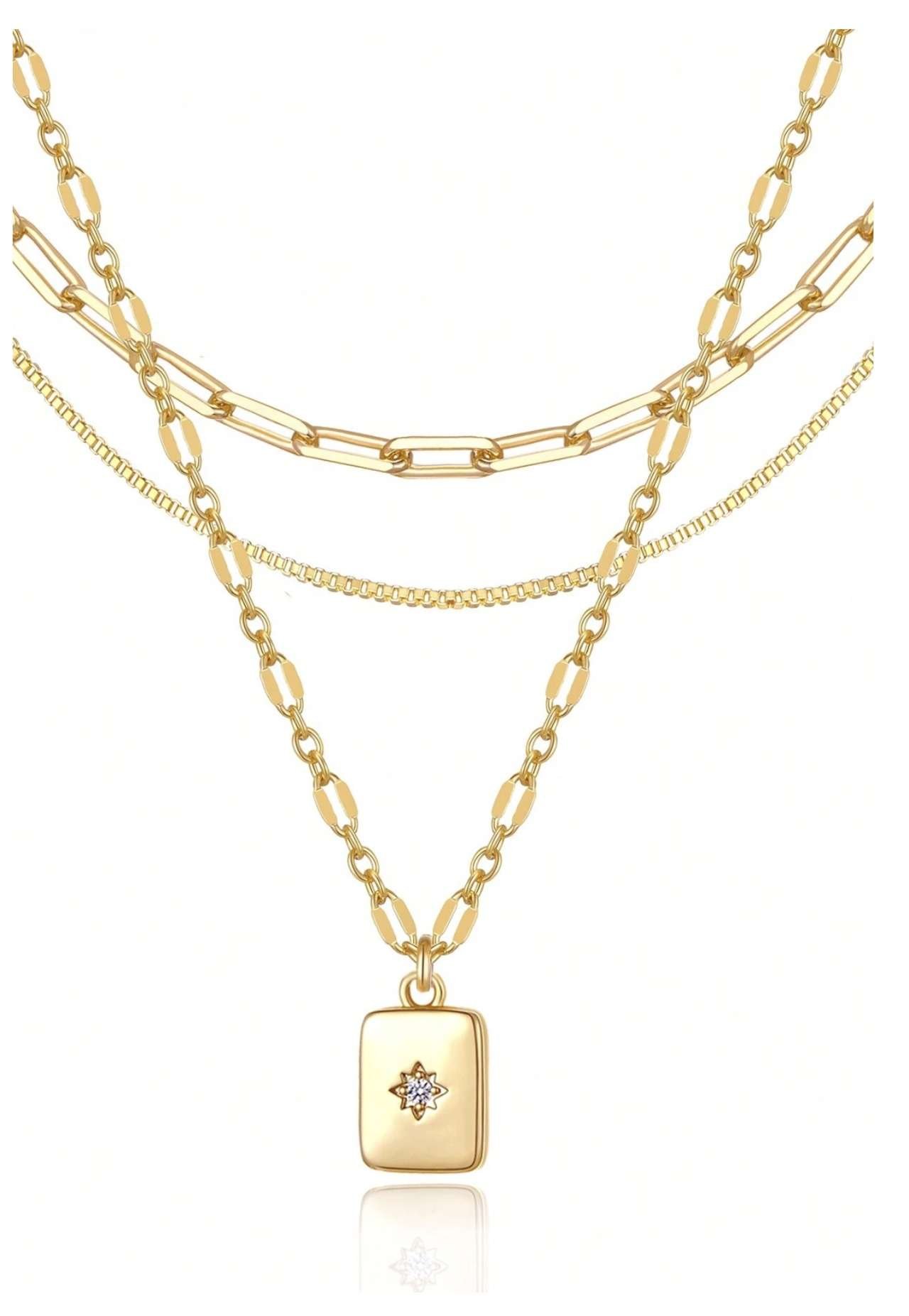 3pcs/Set Gold Tone Multi-Layer Geometric Paperclip & Cubic Zirconia Rectangle Pendant Necklace Jewel