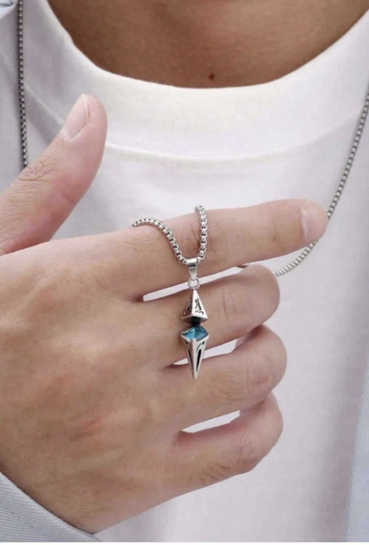 1pc/Fashion Unisex Blue Stone Pendant Necklace With Stainless Steel Chain, Geometric Design, Perfect