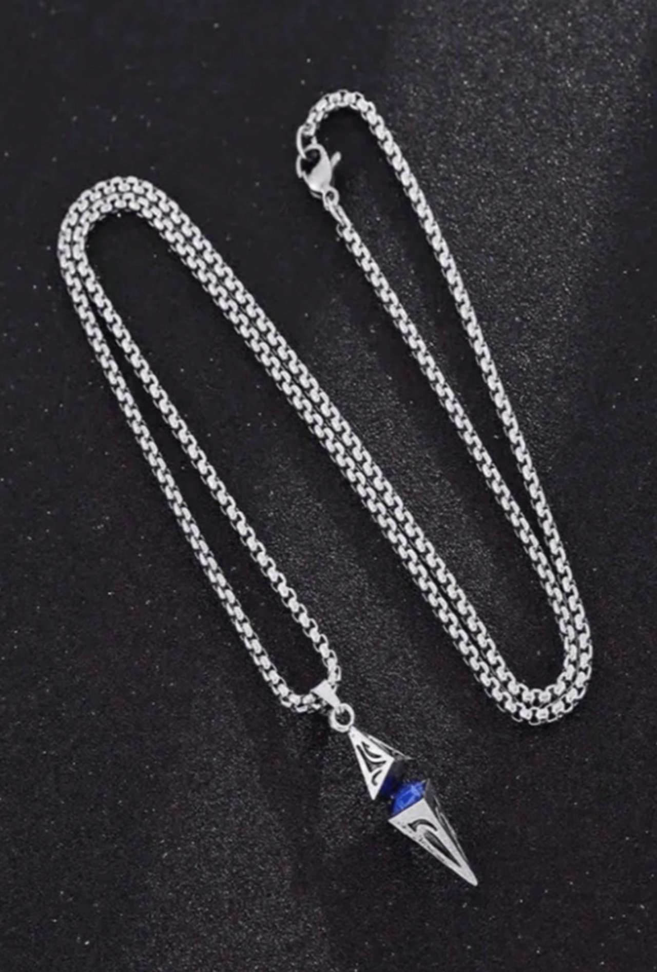 1pc/Fashion Unisex Blue Stone Pendant Necklace With Stainless Steel Chain, Geometric Design, Perfect