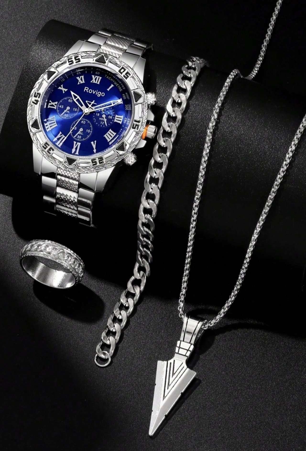 4-Piece Minimalist Business Men's Quartz Watch Set, Men's Hardcore Style Silver Accessory Set (Inclu