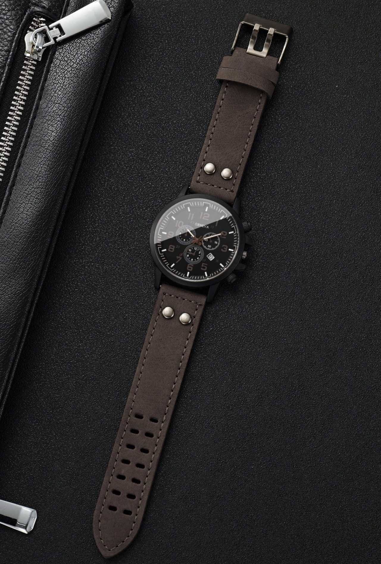 Men's Gift Watch PU Strap Classic Three-Eye Digital Calendar Dial Sports Casual Quartz Wristwatch, G