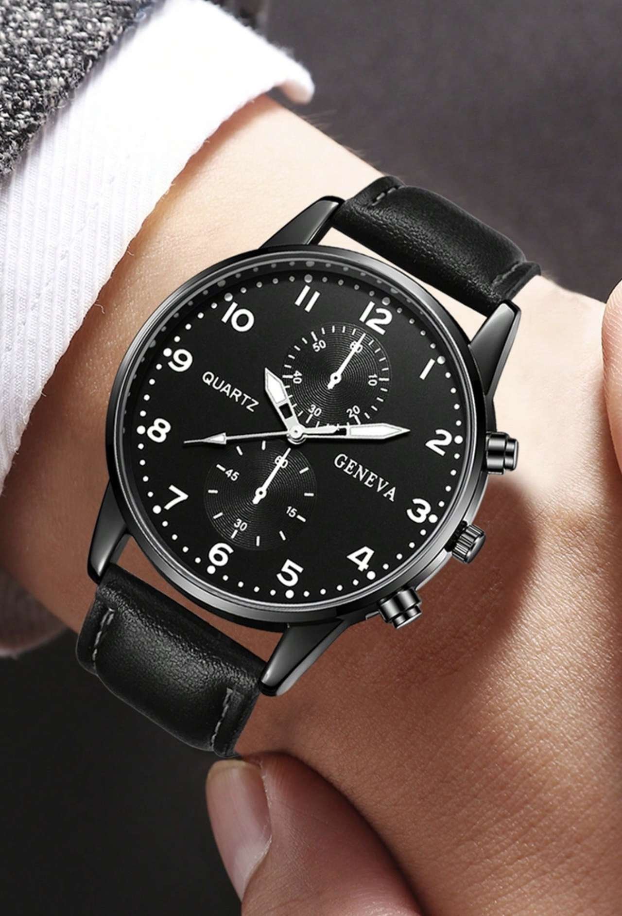 5pcs Men's Black PU Leather Watch Bands, Fashion Business Arabic Numeral Scale Quartz Watch Straps, 