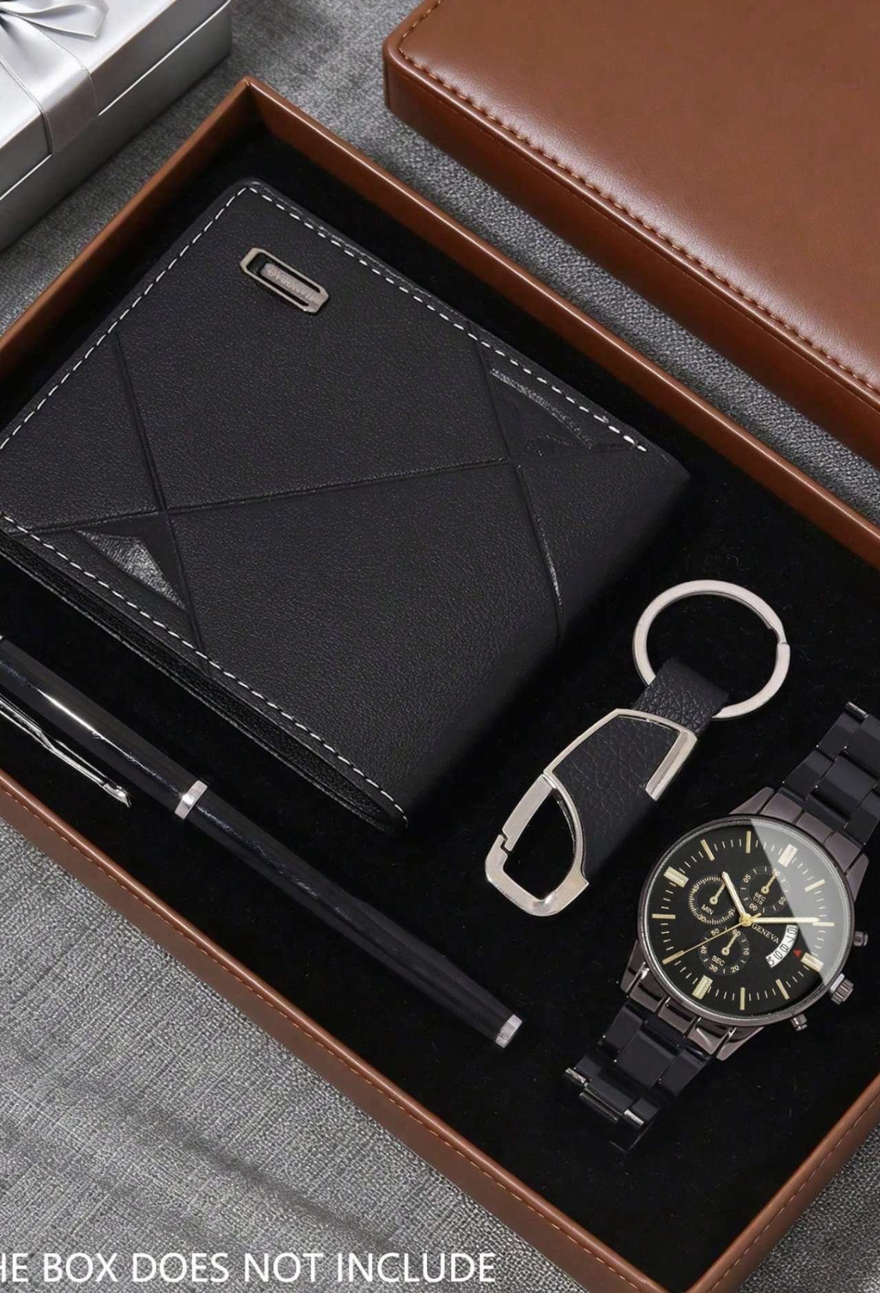 4pcs/Set Minimalist Business Men's Quartz Watch Set, Including Black Watch Case, Wallet, Pen And Key