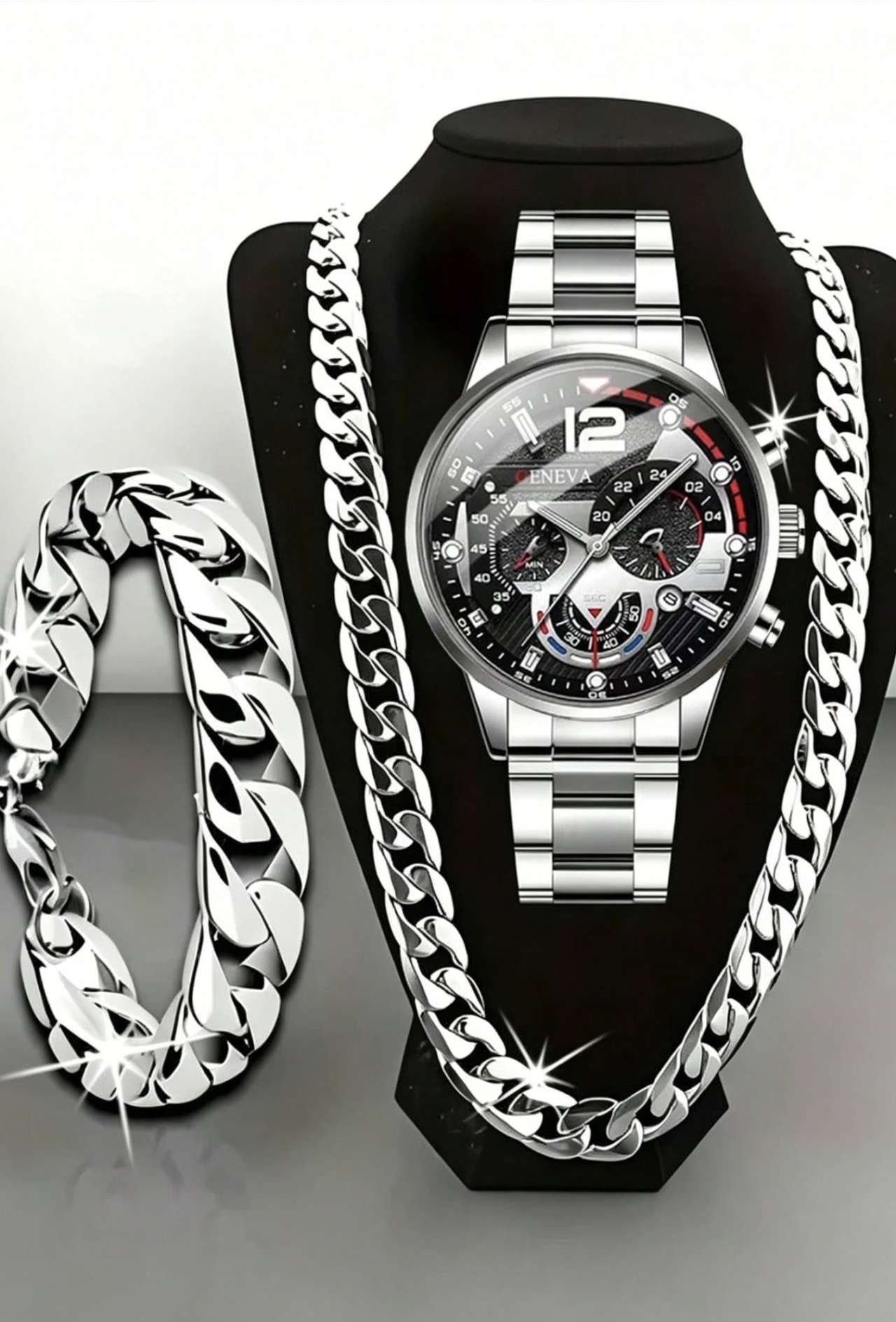 3PCS/1PC-Watch Optional Men's Silver Wristwatch Set, Stainless Steel Metal Band, Cool Luxury Busines
