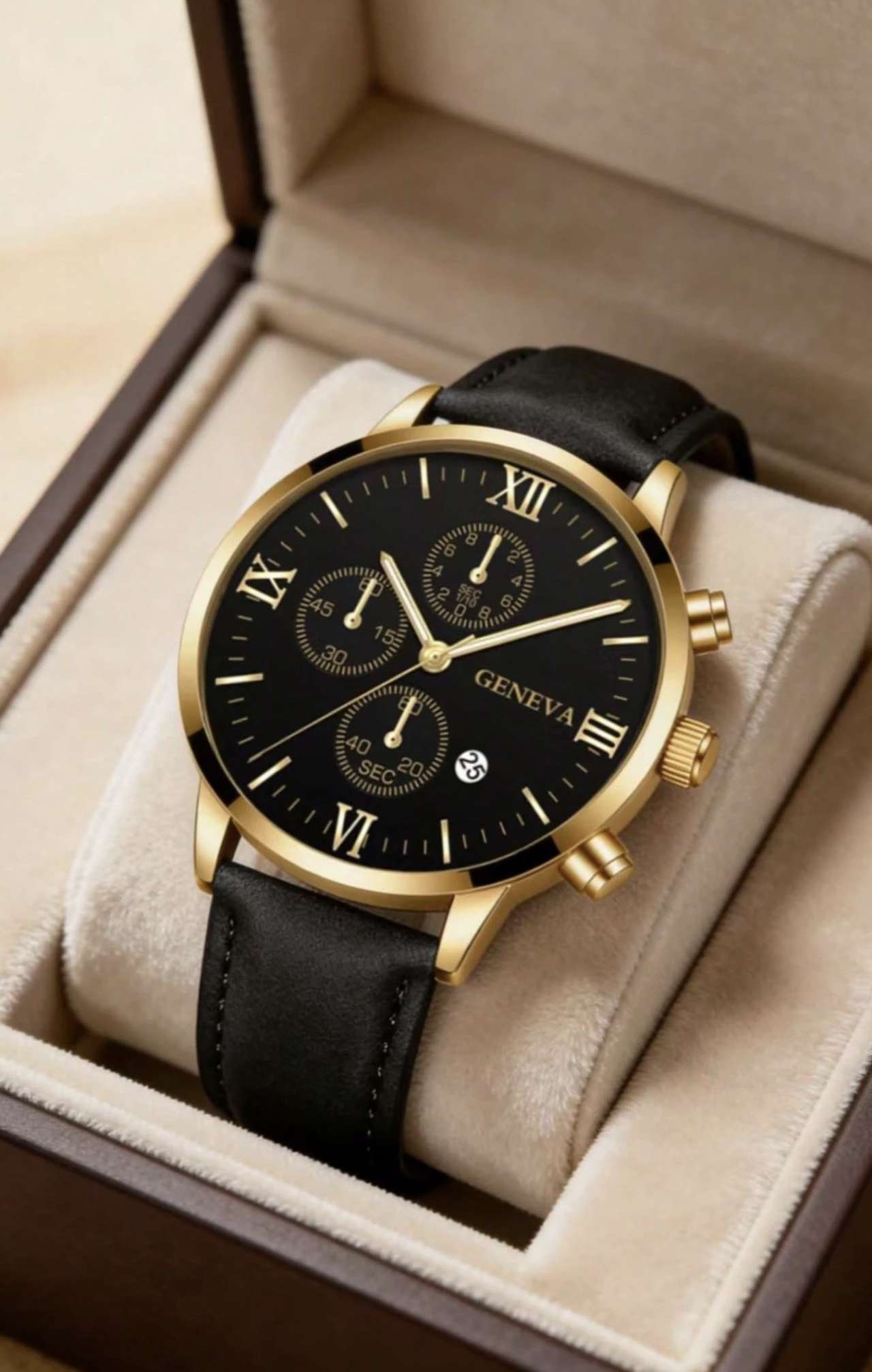 1pc/Set Men's Business Three-Eye Roman Dial Quartz Leather Strap Watch, Suitable For Daily Wear, Bir