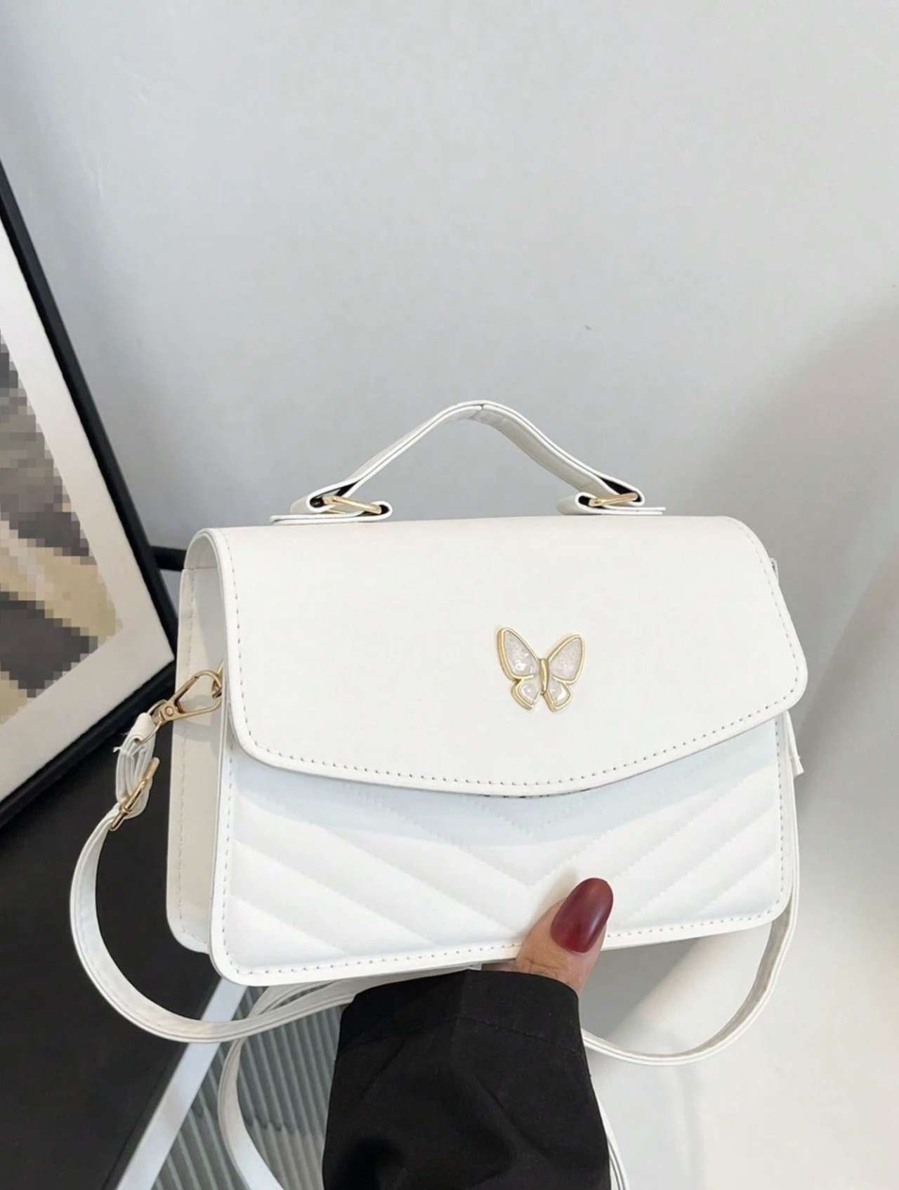 Solid Color PU Leather Patchwork Bow Design Flap Shoulder Crossbody Square Bag, Suitable For Women's