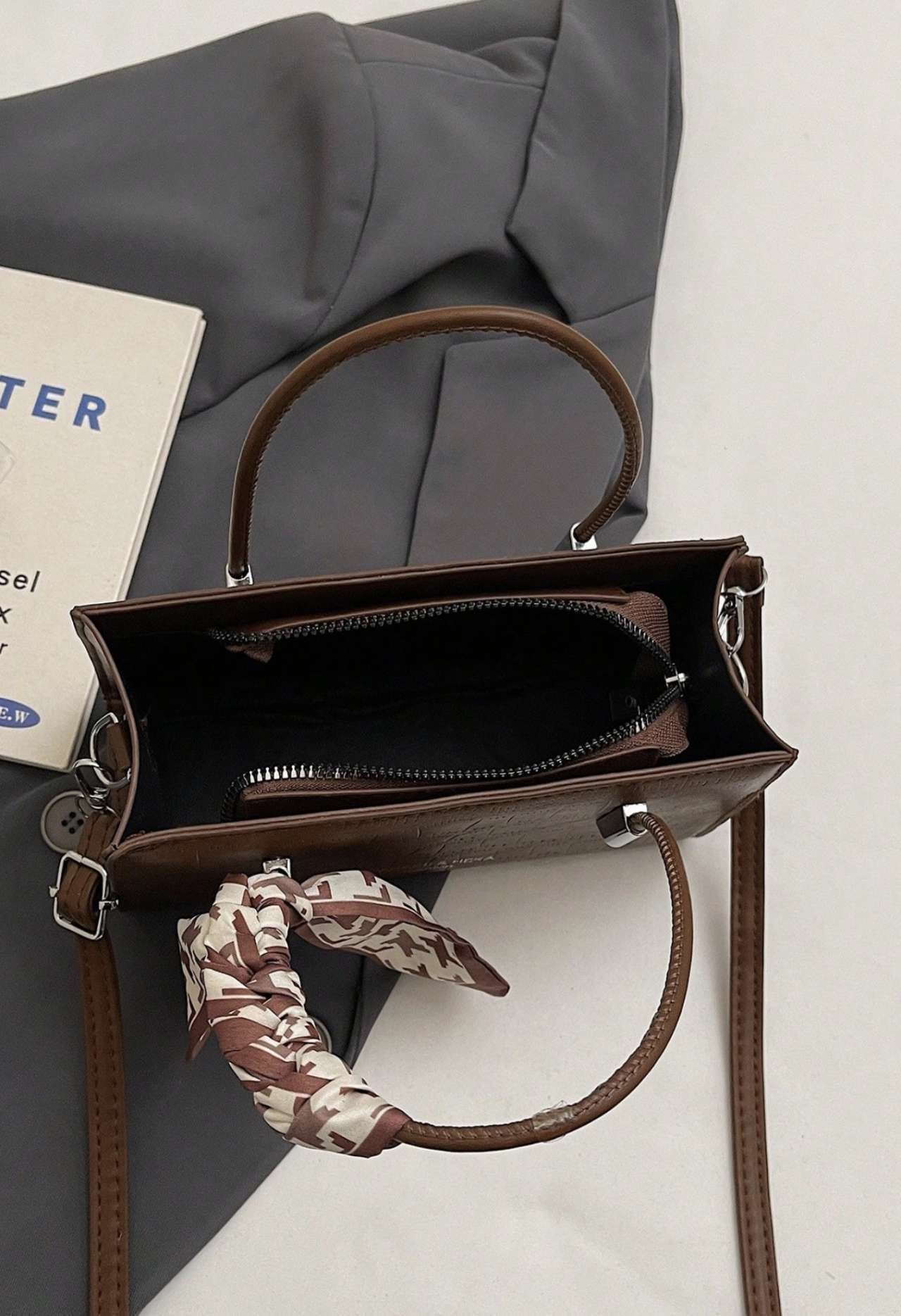 New Retro Fashion Crease Mini Top Handle Bag, Decorated With Scarf, Zipper Closure, Adjustable Long 