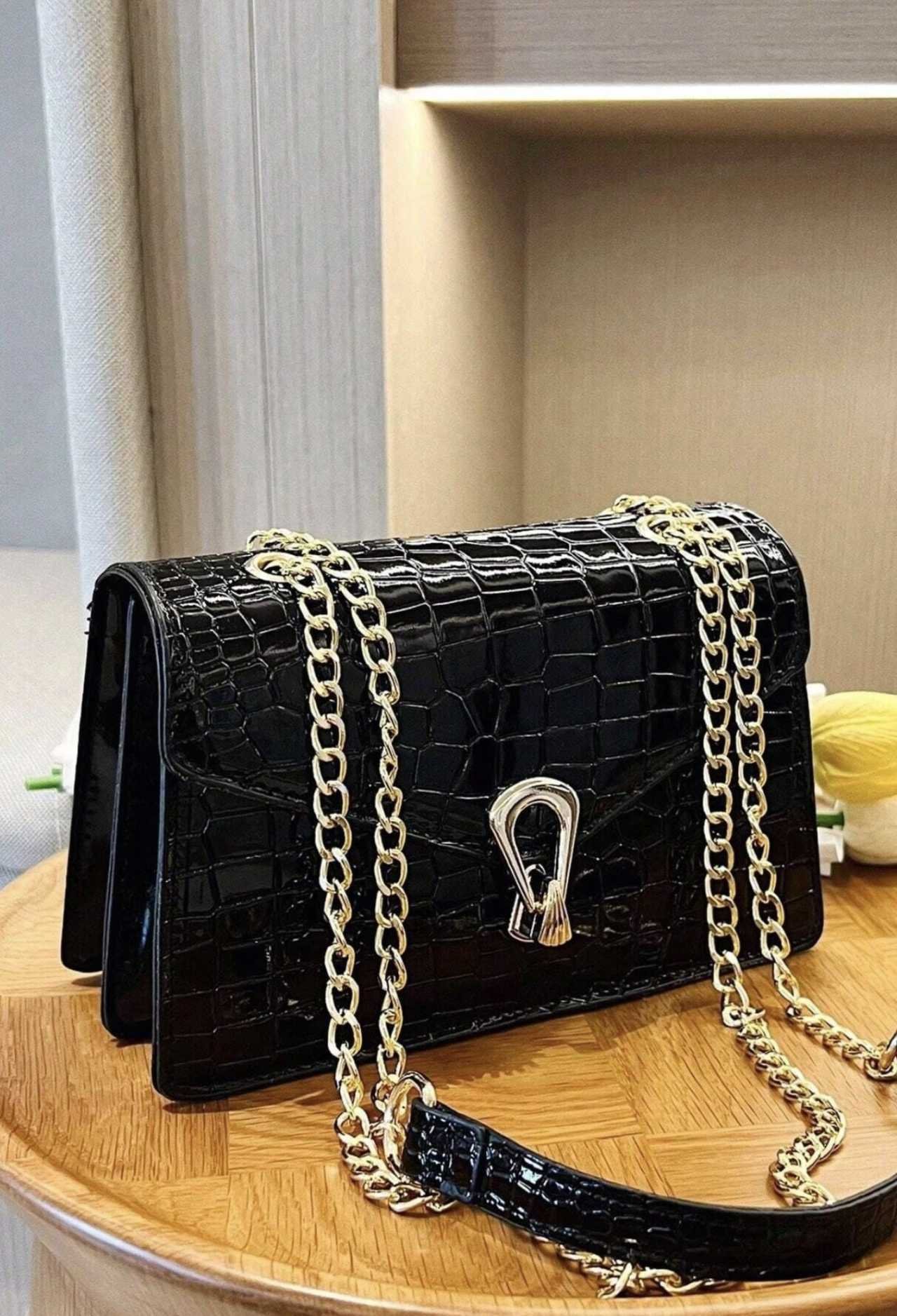 Crocodile Embossed Flap Chain Square Bag ,Lightweight Business Casual Small PU Leather Solid Color S