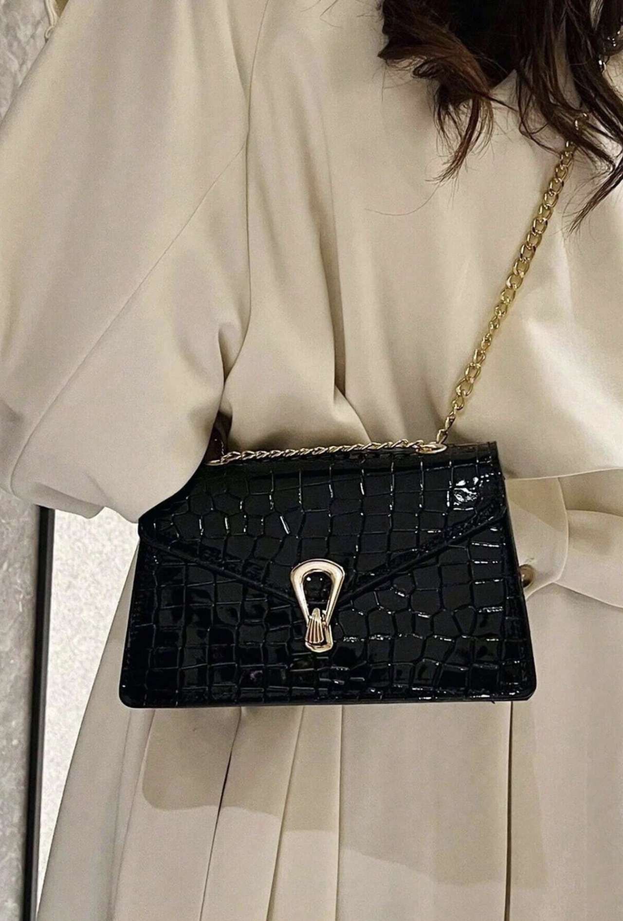 Crocodile Embossed Flap Chain Square Bag ,Lightweight Business Casual Small PU Leather Solid Color S