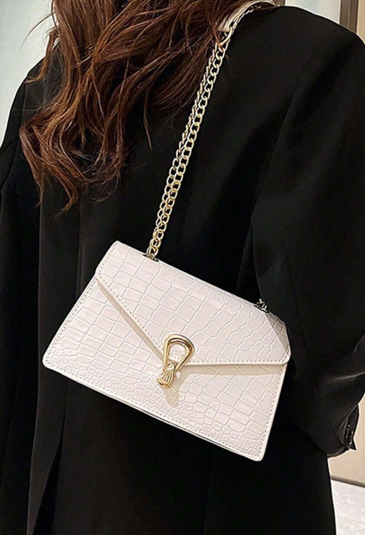Crocodile Embossed Flap Chain Square Bag ,Lightweight Business Casual Small PU Leather Solid Color S
