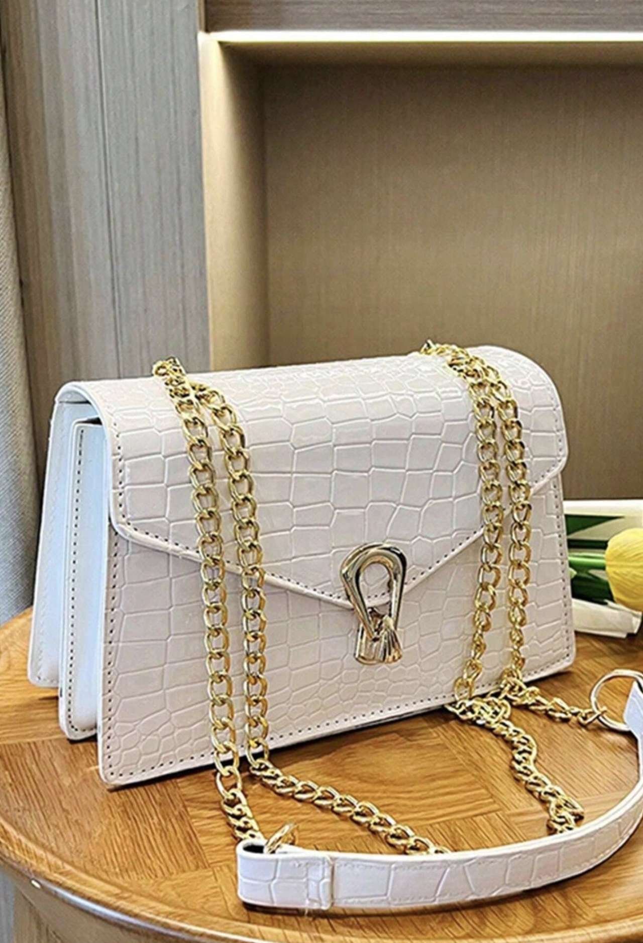 Crocodile Embossed Flap Chain Square Bag ,Lightweight Business Casual Small PU Leather Solid Color S