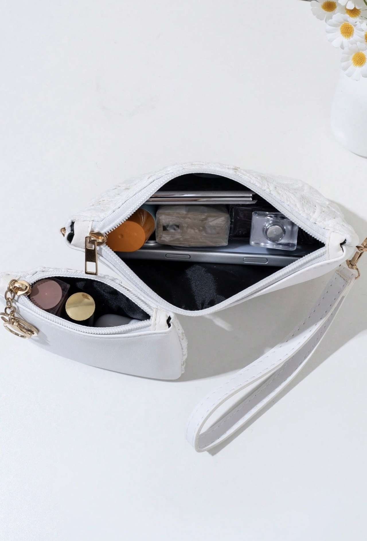 2pcs Women's Fashion Shoulder Bag With Small Wallet, Floral Hollow Woven Crochet Design, Adjustable 