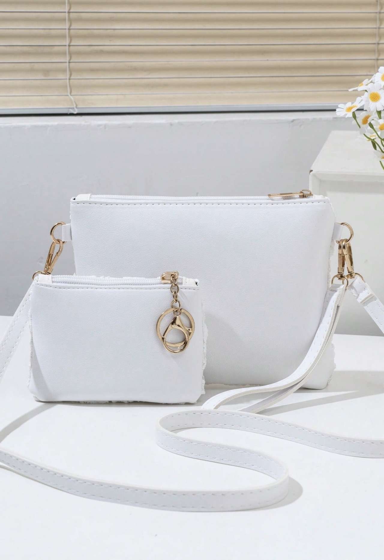 2pcs Women's Fashion Shoulder Bag With Small Wallet, Floral Hollow Woven Crochet Design, Adjustable 