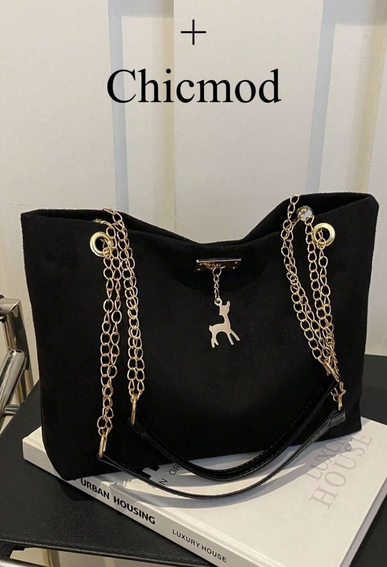 1pc Polyester Deer Pattern Decorative Large Capacity Zipper Shoulder Tote Bag, Suitable For Women's 