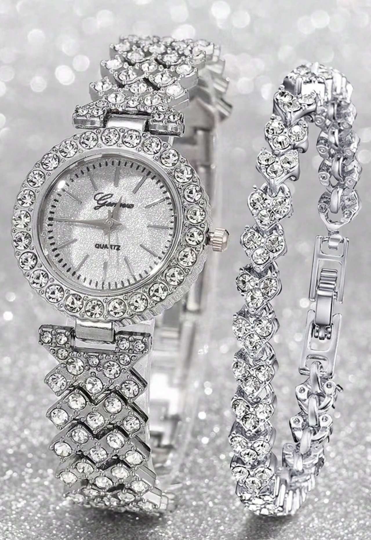 2pcs/Set Women's Fashion Casual Roman Numeral Fully Rhinestone Dial Wrist Watch, Paired With Jewelry