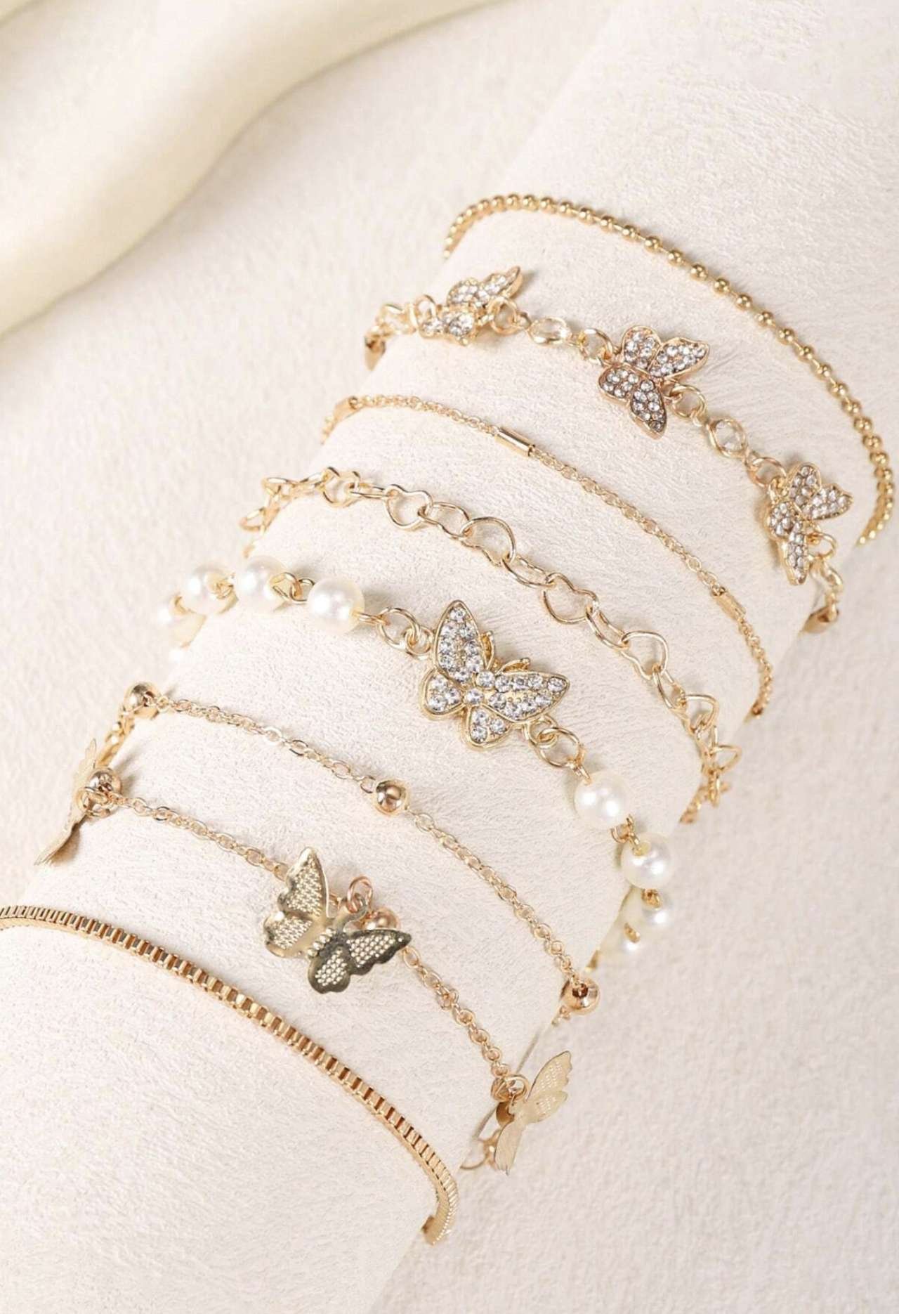 8pcs/Set Fashionable Minimalist Faux Pearl, Copper Inlaid Cubic Zirconia Butterfly Bracelet Set, Sui