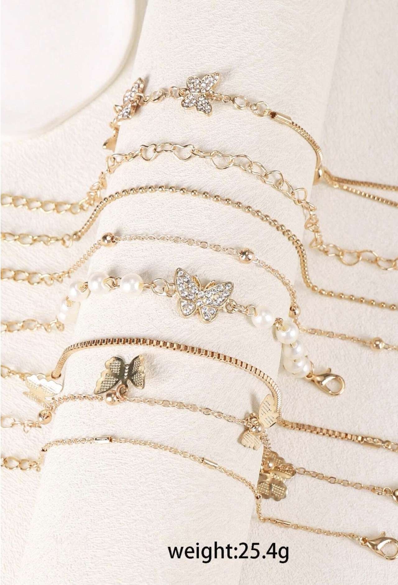 8pcs/Set Fashionable Minimalist Faux Pearl, Copper Inlaid Cubic Zirconia Butterfly Bracelet Set, Sui