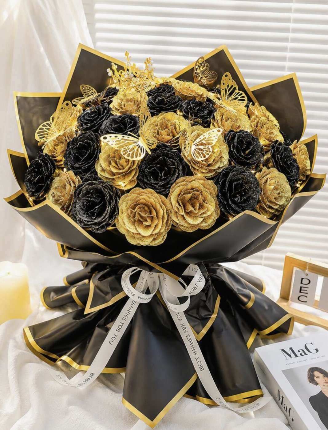 MEHELANY 15/5/1pc Black & Gold Glitter Rose Bouquet, Artificial Faux Rose Bouquet, Suitable For Hall