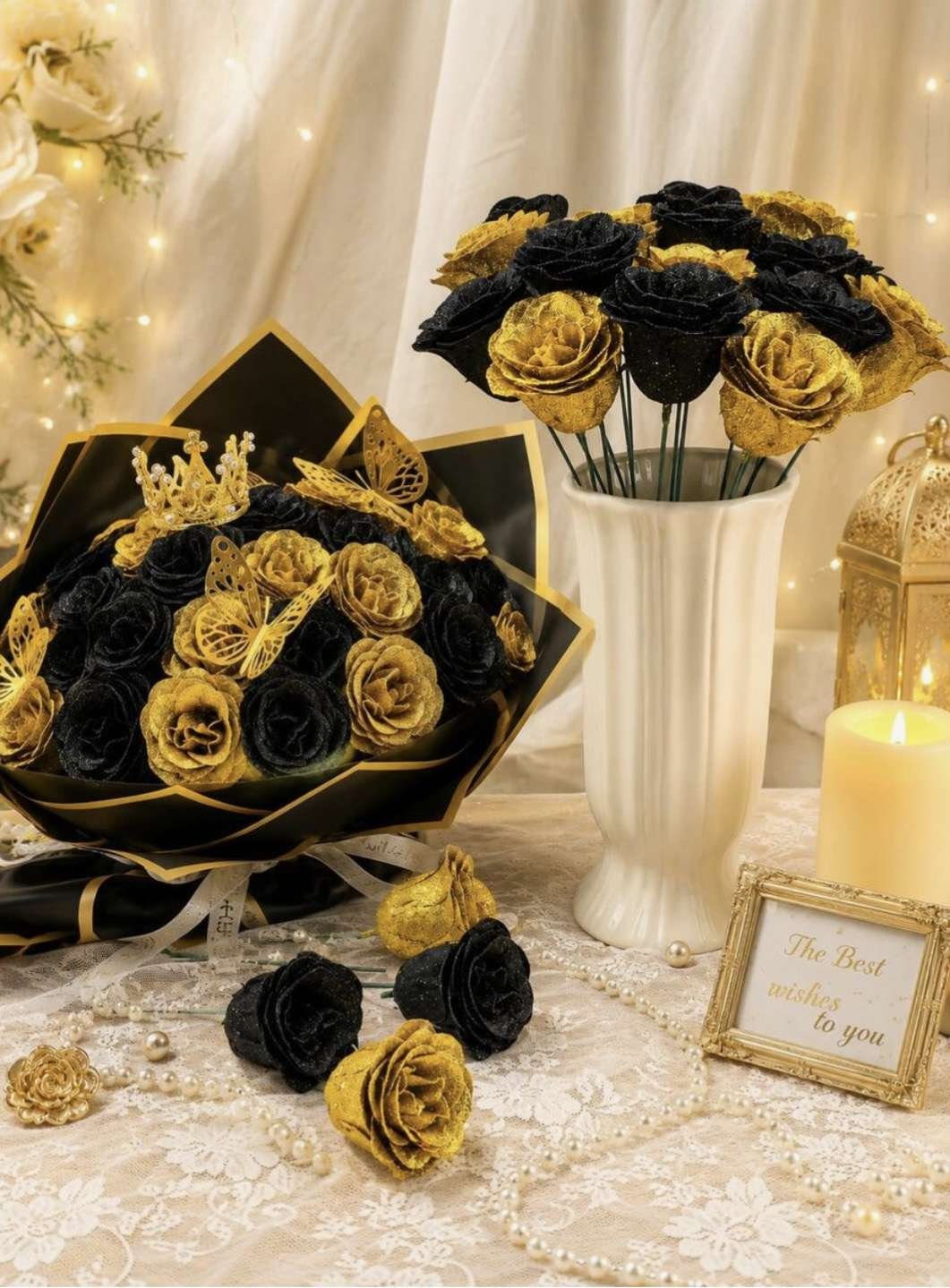 MEHELANY 15/5/1pc Black & Gold Glitter Rose Bouquet, Artificial Faux Rose Bouquet, Suitable For Hall