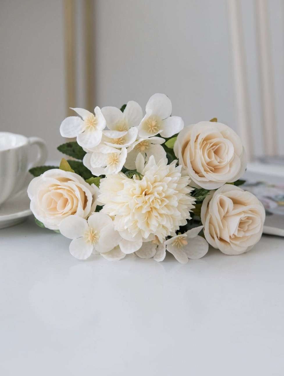 1 Bouquet Artificial Rose Flowers, Includes Silk Embroidered Balls, Suitable For Wedding, Home, Rest